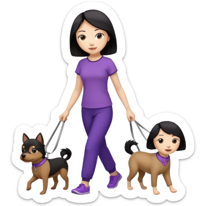 black hair Chinese woman wearing purple top and black pants walking one small brown dog sticker