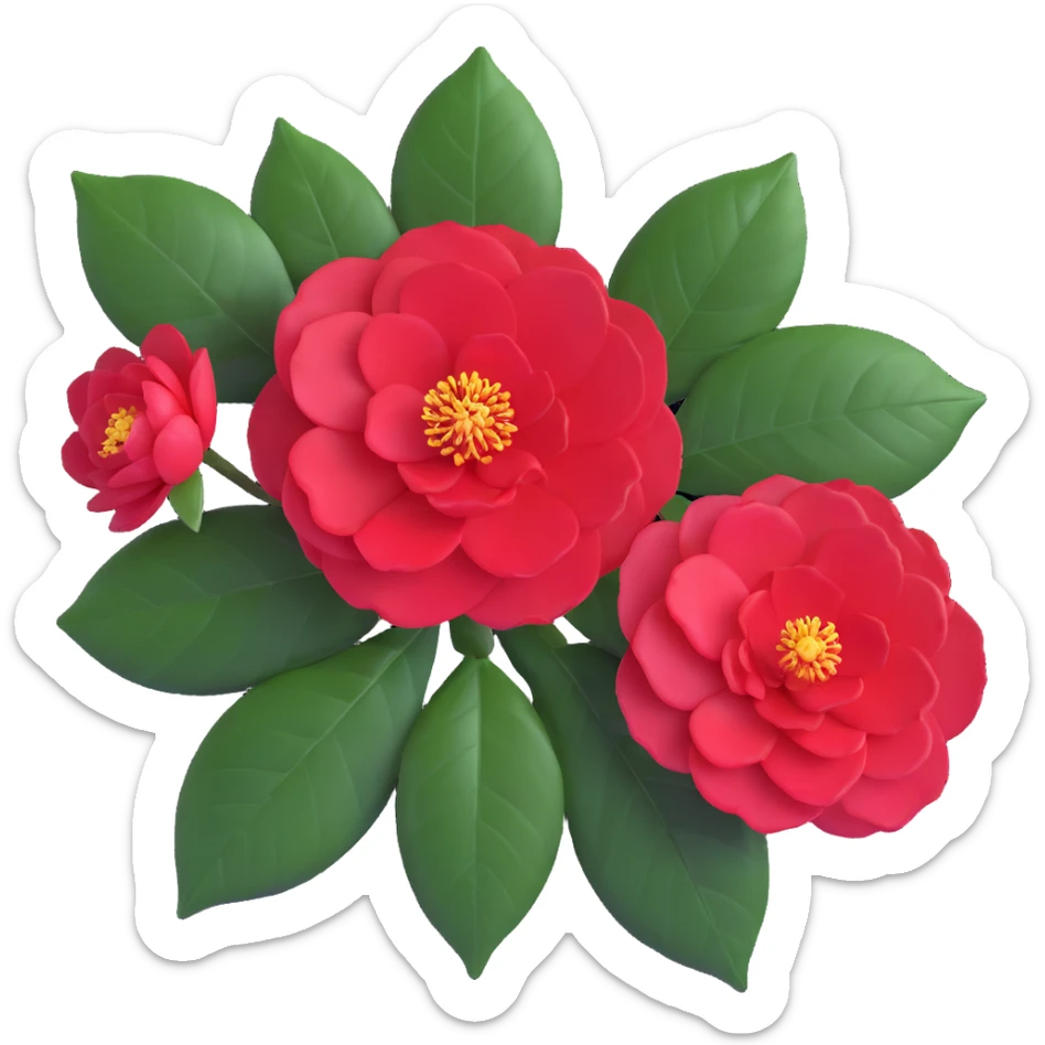 Detailed camellia bloom with formal double form, perfect spiral arrangement of overlapping deep red petals and characteristic glossy oval leaves with fine serrated edges sticker