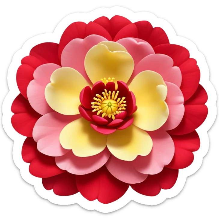 red Japanese camellia flower with layered petals and yellow stamen, flat design sticker