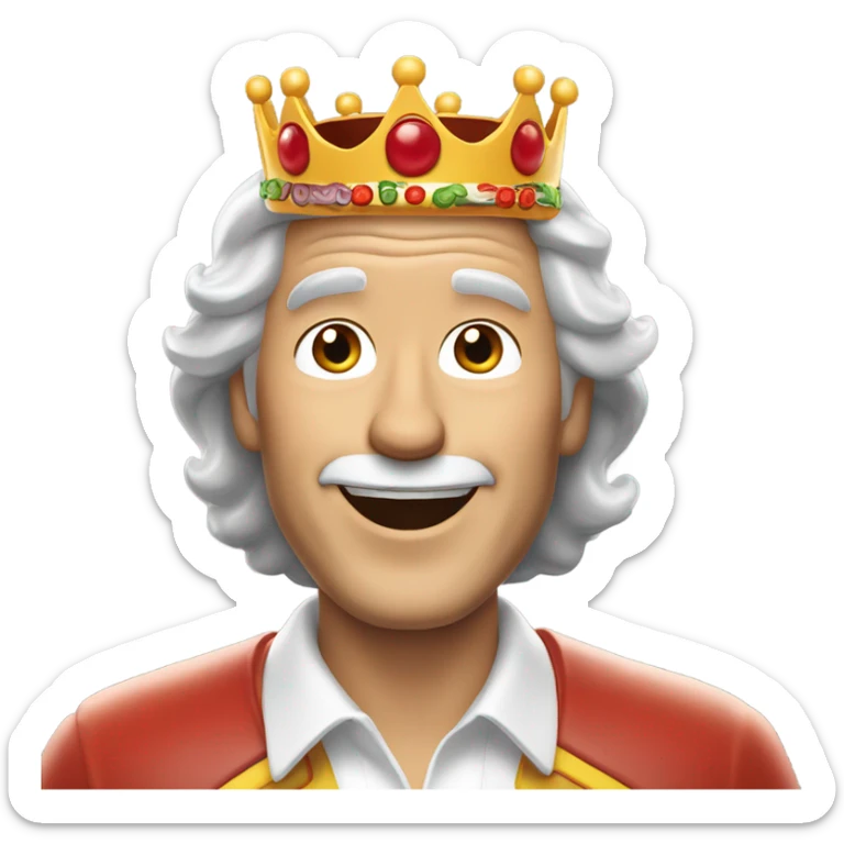 Older white guy with shoulder length grey hair wearing a white shirt and a Burger King crown smiling while on an airplane sticker