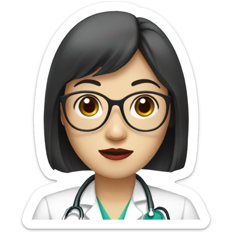 east Asian medical doctor woman with glasses with long hair and bangs and red lips sticker