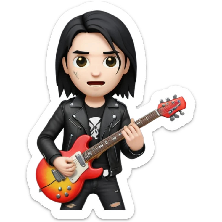 3D Apple-style emoji of a metal musician holding an electric guitar with a bold "ROCK" sign above. Long hair, black leather jacket, ripped jeans, intense expression. Rounded, glossy, smooth, soft shadows, white background.











 sticker