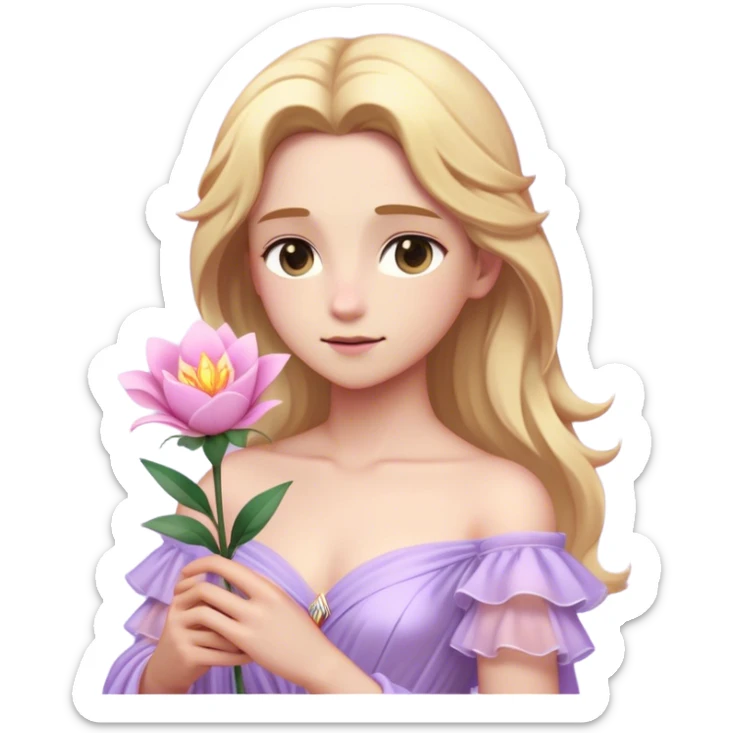 Cinematic Realistic Rapunzel Portrait, with porcelain-like skin featuring a subtle, natural glow, illuminated by soft lighting that brings out the gentle contours of her face. Her long, golden blonde hair cascades in detailed waves, each strand highlighted with a radiant shimmer as it catches the light. She playfully holds a flower in one hand, her other hand resting casually in her lap, with a warm and spirited expression. Her bright, expressive green eyes exude curiosity and warmth, framed by delicate lashes and soft, arched brows. She is dressed in her classic lavender and pink gown, the fabric textured with delicate folds that flow naturally, catching the light with a soft, radiant glow. The portrait captures a luminous, enchanting aura, seamlessly blending realism with a whimsical, fairytale charm, evoking a timeless sense of beauty and magic. sticker
