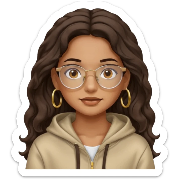 Make a girl with dark brown wavy hair and brown eyes she's tan latina and she has clear glasses and small hold hoop earings make her hair longer and her a hoodie sticker