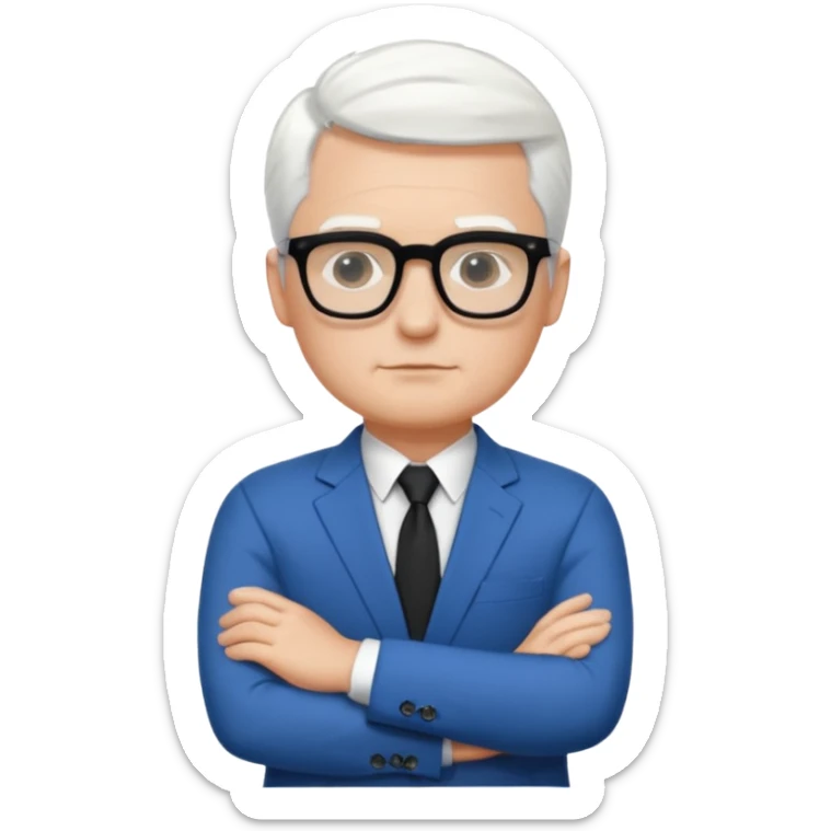 Man wearing black glasses, short white hair, blue suit, white shirt, no tie, arms folded sticker