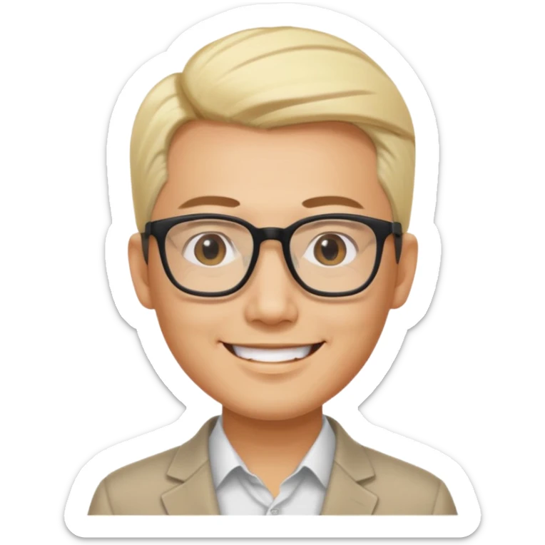 Asian man, 35 years old, consultant, short slicked-back blond hair, big glasses, smiling eyes sticker