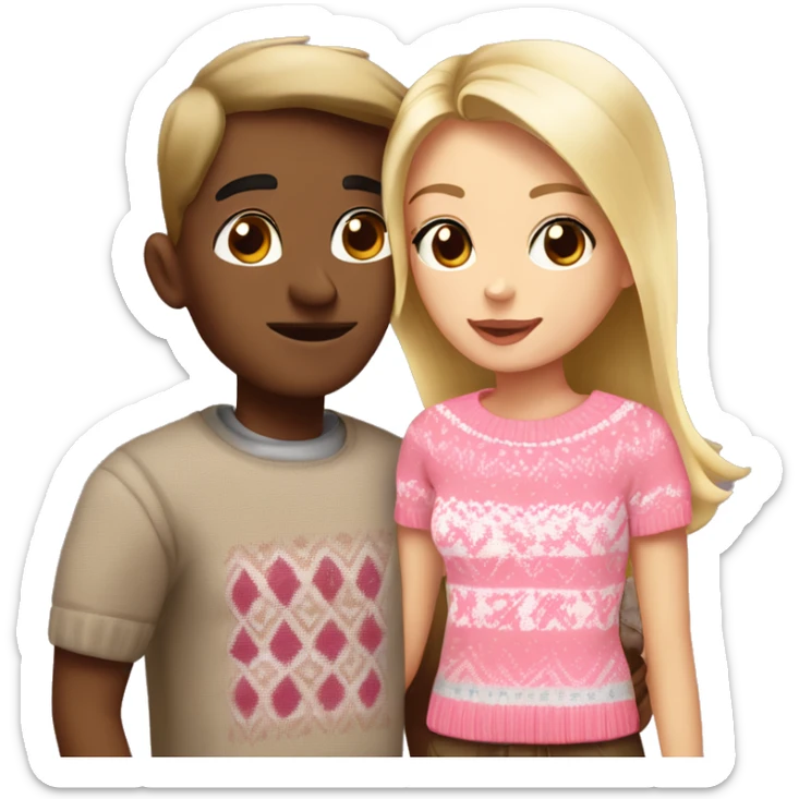 A beautiful blonde girl with brown eyes wearing a pink fair isle jumper. She’s kissing her boyfriend who is taller and darker blonde with brown eyes and a white T-shirt. sticker