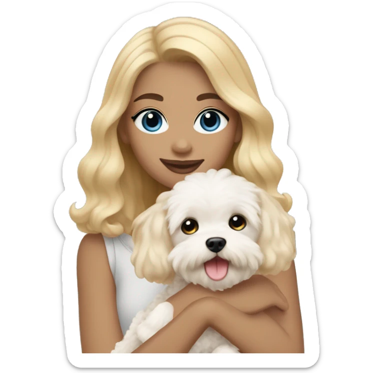 girl with blue eyes and blonde hair holds dog maltipoo cream color hair sticker