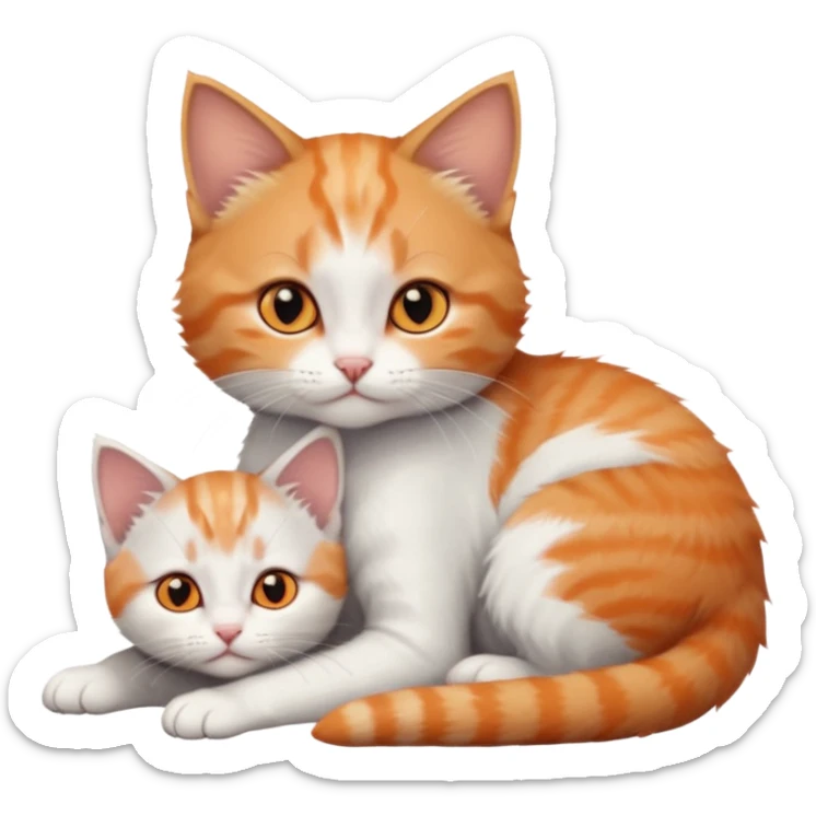 full body of very small + skinny ginger and white kitten with deep orange eyes and triangular shaped face lying down cuddling a grey and white kitten who is a bit bigger than him sticker