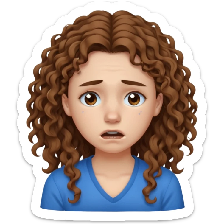 white young curly long hair girl, brown hair, with a blue shirt, in despair crying, brown eyes, septum sticker