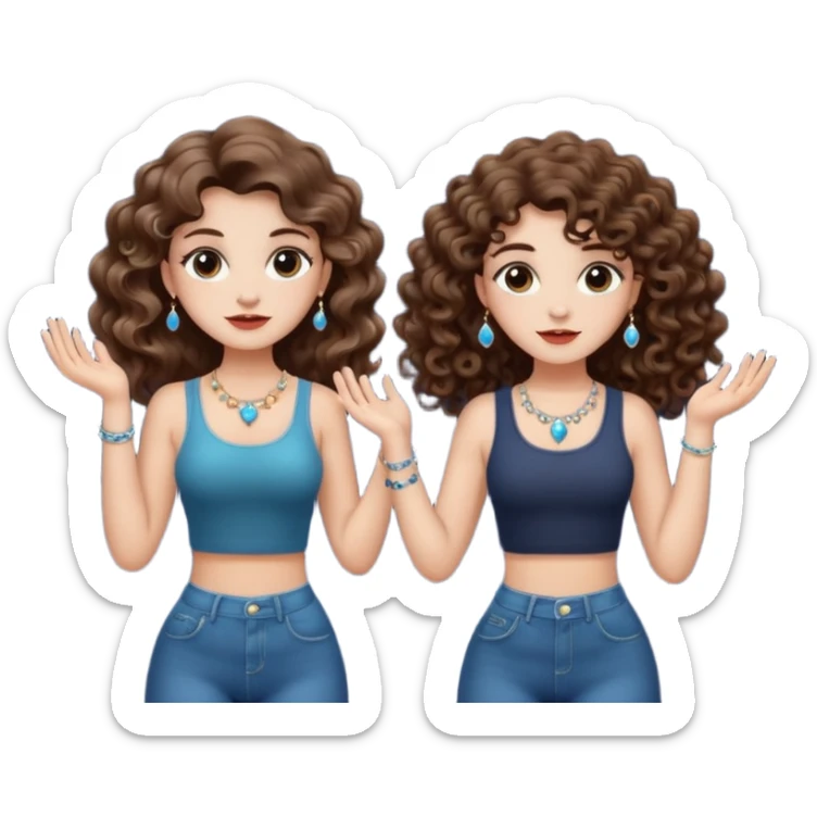 moon juggling — long wavy brown hair tattooed woman and short tight curly brown hair woman — tiny moons and crystals sticker