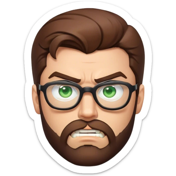 Superman with brown hair, a beard, and glasses on. Eyes are green. Angry face sticker
