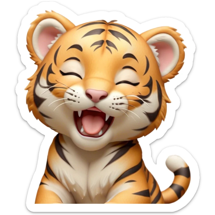 Cinematic Cute Yawning Tiger Cub Portrait Emoji, Head tilted slightly with a dramatic, wide-open yawn, showcasing a small, plush body with drowsy, half-closed eyes and an open, relaxed expression, Simplified yet irresistibly adorable features, highly detailed, glowing with a soft, cozy wild glow, high shine, relaxed yet expressive, stylized with a dash of whimsical jungle charm, soft glowing outline, capturing the essence of a drowsy yet affectionate tiger cub that appears ready to stretch out for a nap! sticker