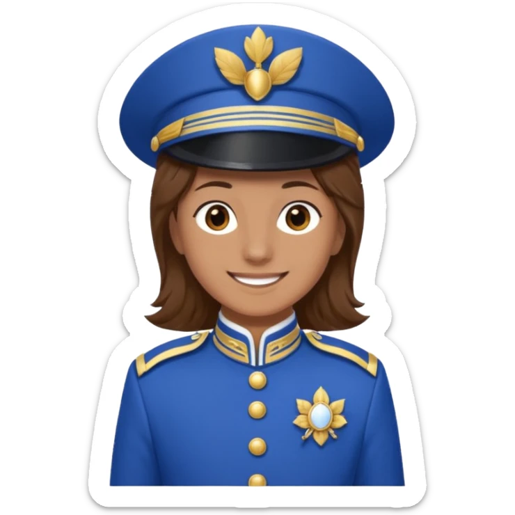 Bonjour, est ce que tu pourrais me créer un emoji, de moi (la personne a droite, brune) avec la tenue de certains membres de la  fanfare (la tenue bleue et blanche ) que tu vois sur la photo. Attention mets bien la fourragère a gauche s'il te plaît sticker