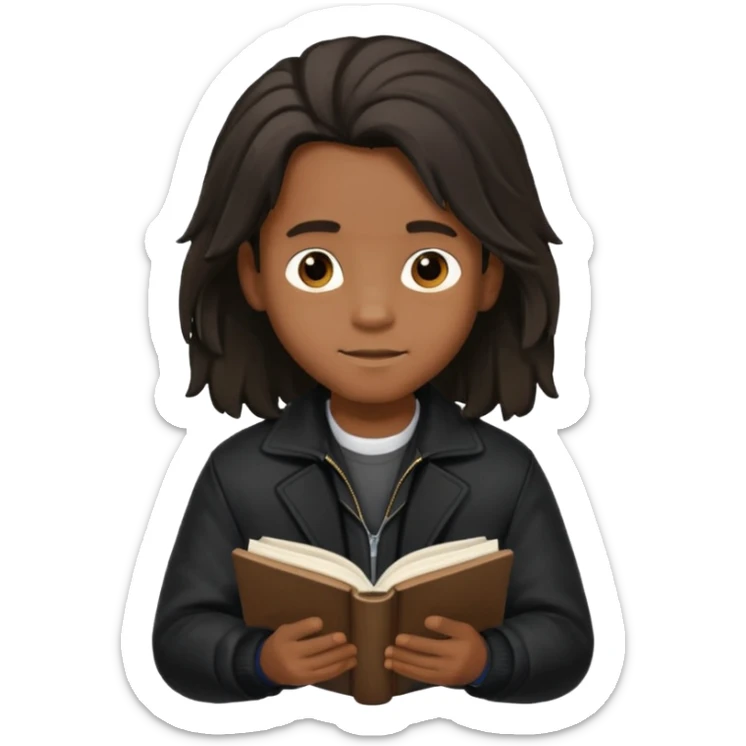 Garoto negro fofo e cabelo comprido usando jaqueta preta lendo um livro sticker