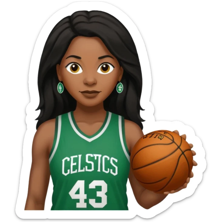 45 year old black women with long brown and black hair dressed in celtics jersey  sticker