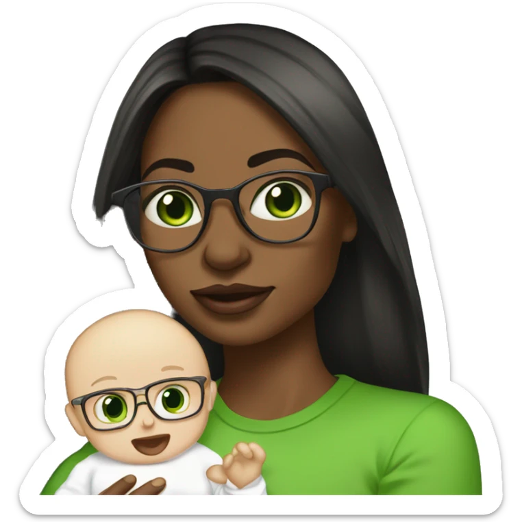 Black not that long straight hair with green eyes and glasses, big lips white girl holding one year old green eyes white baby son sticker