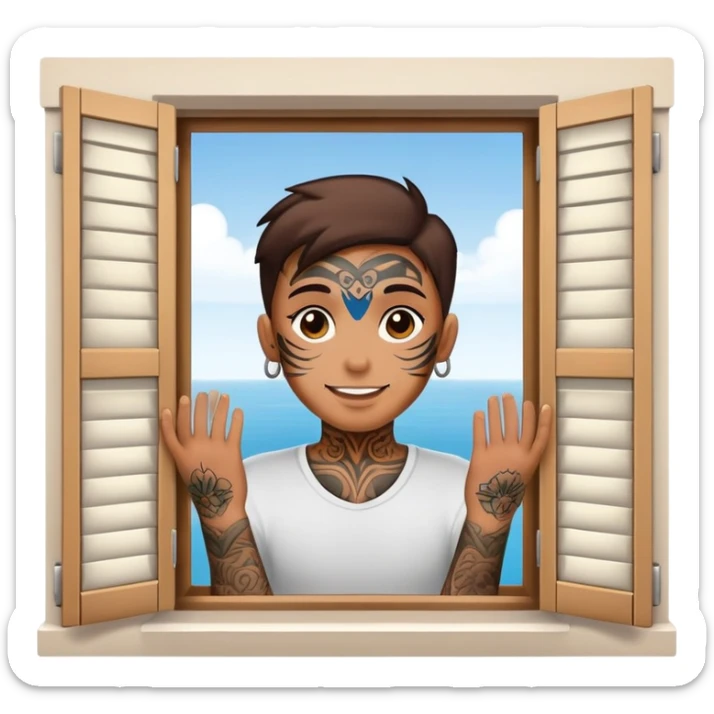 person with face tattoo looking out of window and he is opening shatters happy sticker