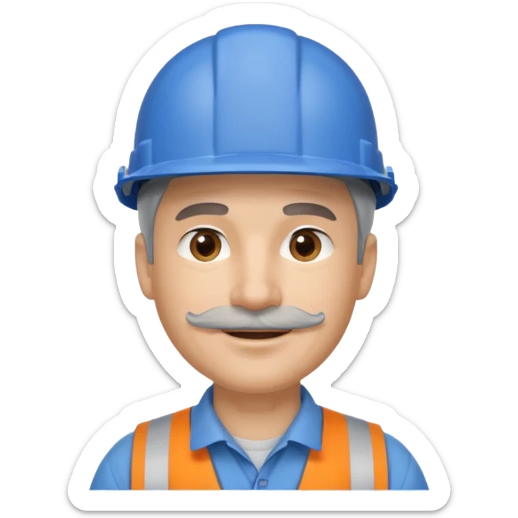 A man emoji with light skin, wearing a blue construction helmet, short gray hair on the sides, straight eyebrows, brown eyes, a small nose, and a thin gray mustache above his smiling mouth. sticker