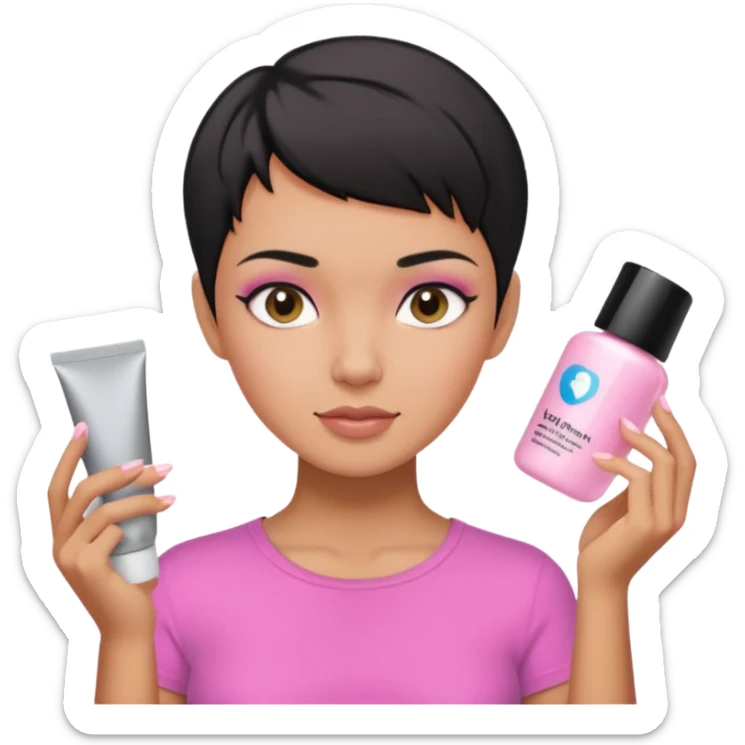tan girl pink shirt with black hair & a pixie, doing her skin care sticker