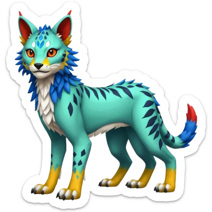 Colorful tropical edgy Lynx-Trico-Sergal-Wolf-Vernid-Fakémon-Pokémon-creature (full body) sticker
