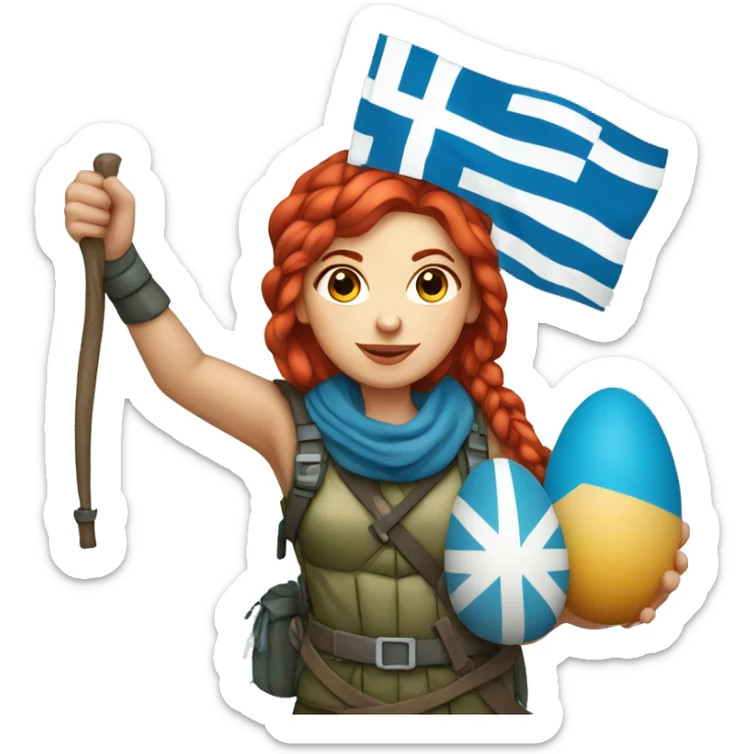 female winter mountaineer red hair holding greek flag and easter egg sticker