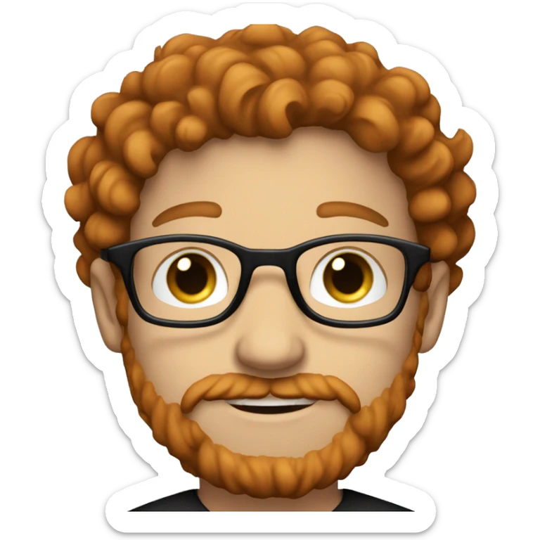 35 year old, male, curly red hair, pale, thick beard, blue eyes, white glasses, black shirt sticker