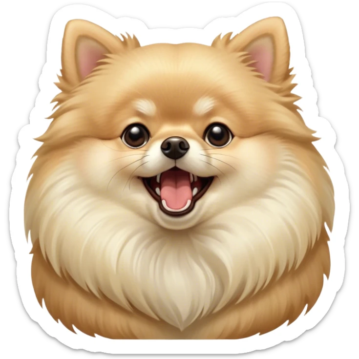 Cinematic Cute Yawning Cream Pomeranian Portrait Emoji, Head tilted slightly with a dramatic, wide-open yawn, showcasing a soft, fluffy cream Fur with gentle highlights, floppy ears slightly drooping, round dark eyes barely open in drowsy contentment, Simplified yet irresistibly adorable features, highly detailed, glowing with a soft, cozy glow, high shine, relaxed yet expressive, stylized with a touch of whimsy, bright and endearing, soft glowing outline, capturing the essence of a sleepy yet affectionate companion, so drowsy it feels like it could stretch right out of the screen and curl up for a nap! sticker