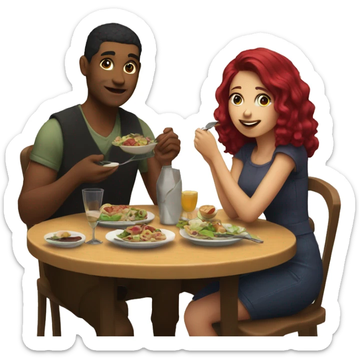 Girl with burgundy hair and her boyfriend sitting at the table eating dinner sticker