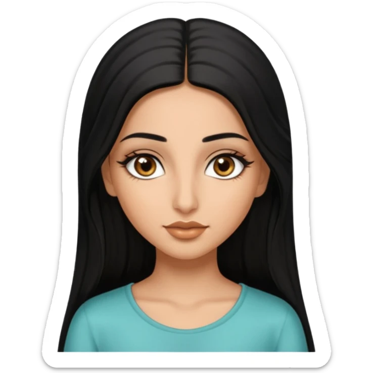 A arabic girl, who has long black styled silk hair, a bit of tan skin but not too tan. almond brown eyes that has black long lashes, small nose and full lips. and a bit of makeup like bronzer. and wearing a white tight top sticker