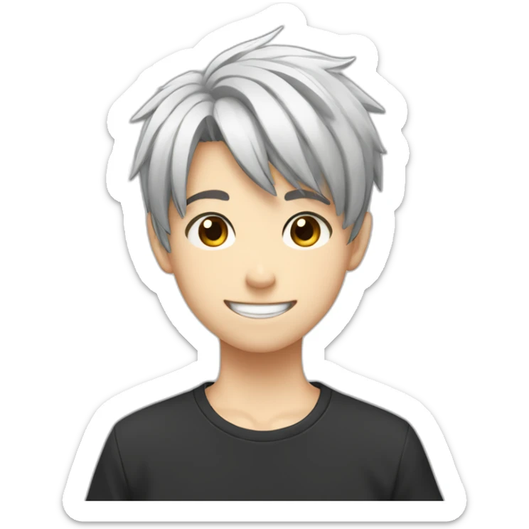 anime boy cartoon smiling with short haircut and black and white t shirt sticker