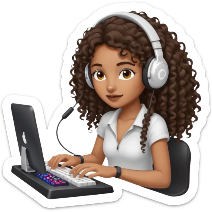 Brown skin Spanish girl with long dark curly hair, wearing a white gaming headset and playing on keyboard with a gaming mouse i sticker
