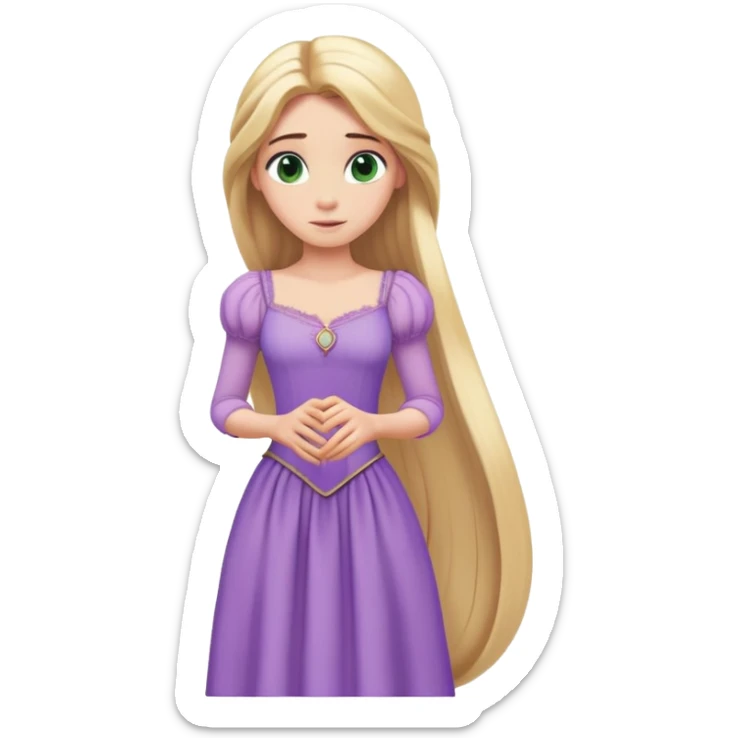 Rapunzel from hips up, lavender purple dress, extra long flowing blonde hair, green eyes, minimal style but very recognizable sticker