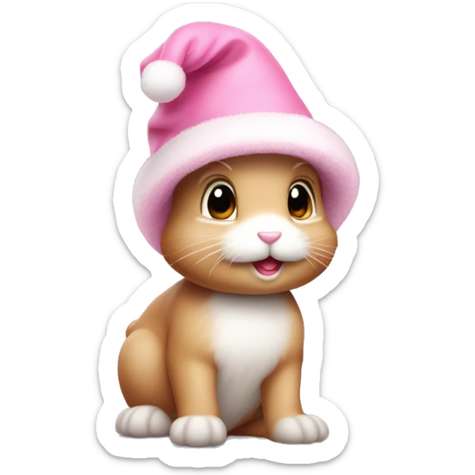 A pink little cute bunny wearing a little cute pink Christmas hat sticker