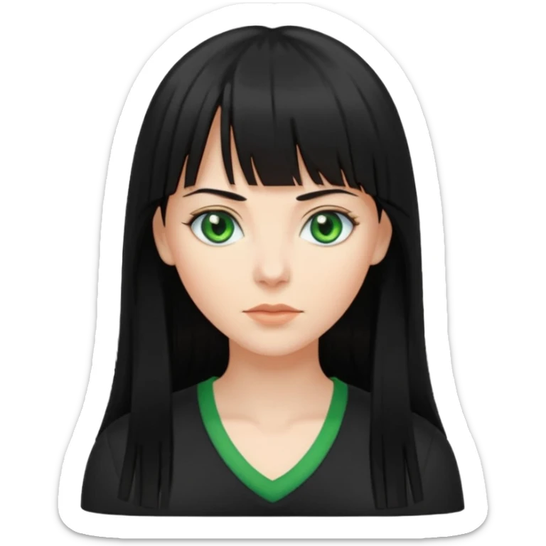 A white woman with Long straight hair with bangs, black hair, green eyes and a low-cut shirt sticker