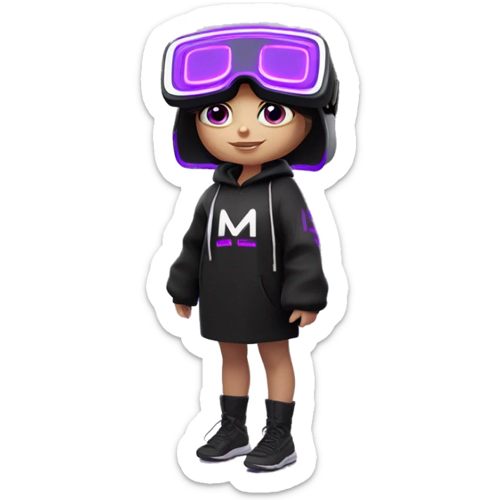Russian girl wearing black hoody with violet letters "OMG", in vr headset oculus quest2. Standing like jedi. Cyberpunk style. Violet neon. sticker