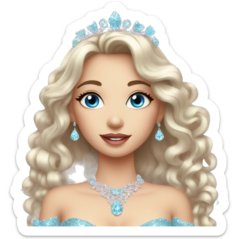Gorgeous pastel Lady with blue eyes in a sparkly shiny dress with tiara and necklace and flowers behind her and trending  sticker
