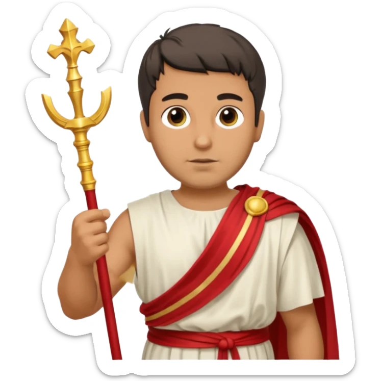An emoji portrait of a Roman patrician. He wears a flowing white toga with a red stripe. He has a dignified expression and holds a golden scepter. sticker