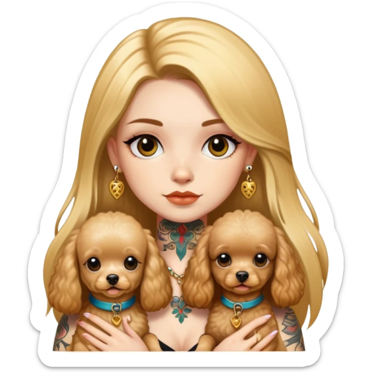 a  girl with glod  straight long hair and tattoos and 2 miniature poodles sticker