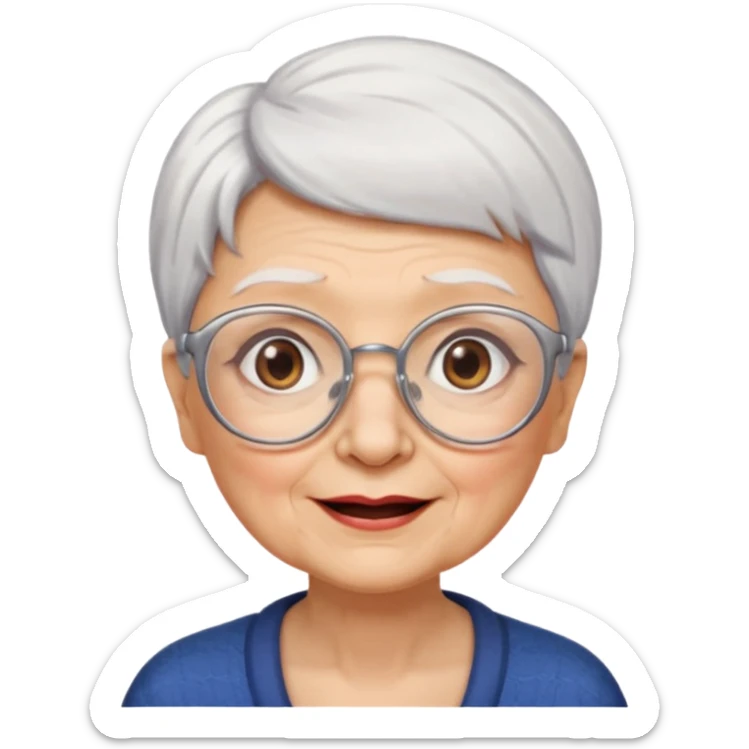 Create me emoji of an old lady. Short white hair to left side. Square glasses. Brown eyes. Rounded really big and wide face. Wide nose. Big mounth sticker