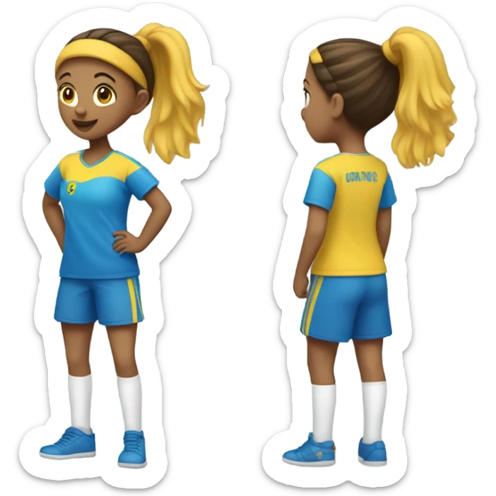 a girl playin handball with a 8 in her back and the t-shirt is yellow and blue and the short trousers blue she has a ponitail she has brown hair sticker