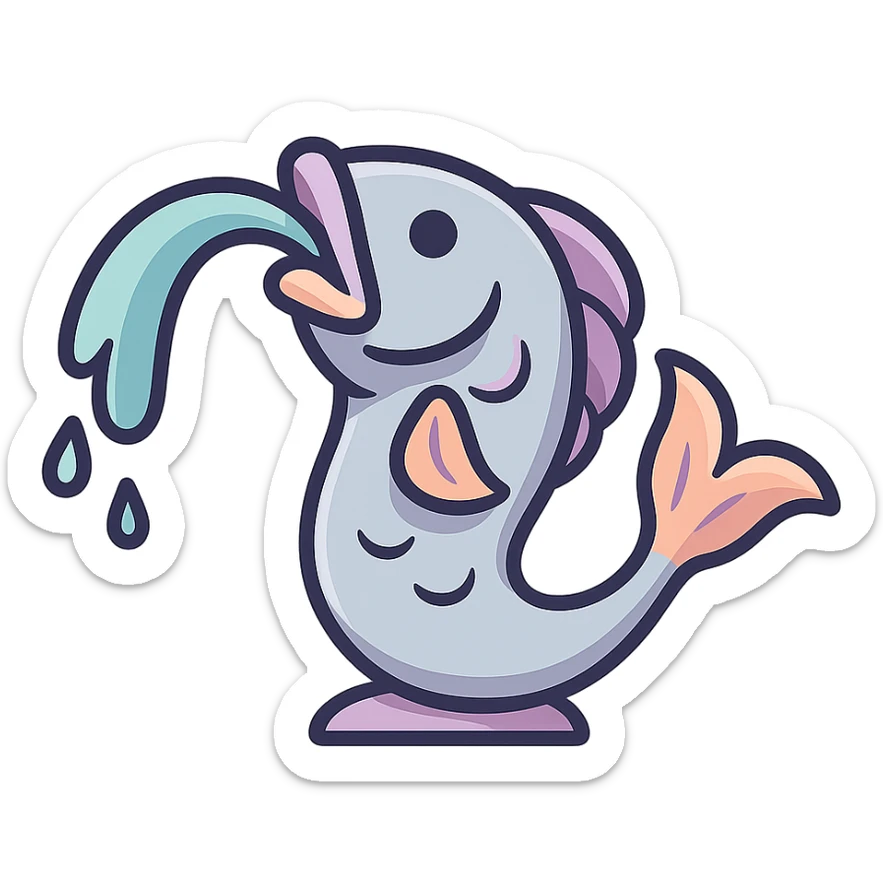 elongated slim fountain in the form of a fish with a water stream flowing from its mouth, eastern style, detailed drawing with shadows and highlights, thin clean contours, soft rounded shapes, pastel palette #98B5BC, #B5B3C1, #C9A3C9, #E4C0CA, #F7DCD1, #F7C0AA, modern Japanese pop art and sticker aesthetics, soft lighting, transparent background, no base or stand sticker