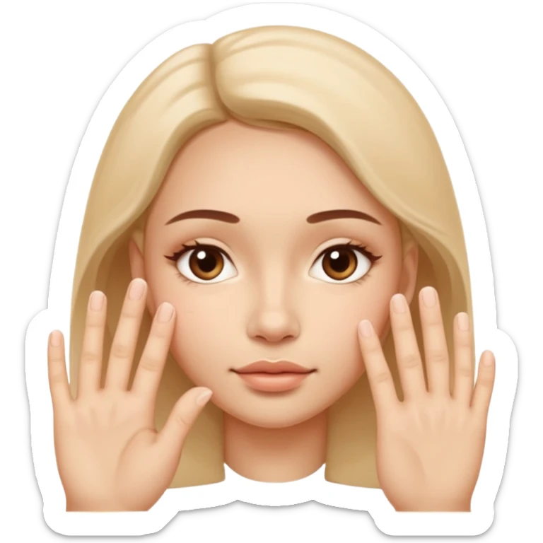 Simple wellness-style emoji of a face with a hand gently pressing and guiding facial fullness downward and outward, showing reduced face fat and puffiness, clear slimming effect on cheeks, natural and healthy look, no makeup sticker