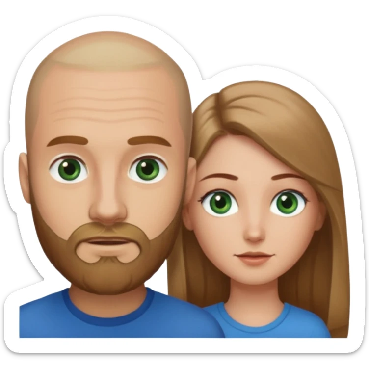 Man on left with shaved head with dark blonde beard and blue eyes and woman on the right with long brown hair green eyes  sticker
