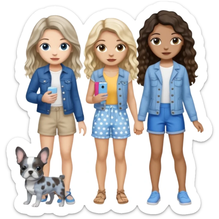 Three women in summer clothes, hazel eyed light skin with dark blonde long hair holding blue spotted Merle Frenchie and Brown eyed light skin black long wavy hair and blue eyed light skin long blonde hair with blue spotted Merle Frenchie sticker