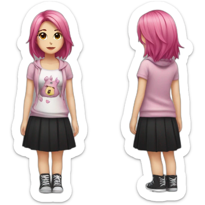Full body Front view curvy emo girl pink hair sits on the floor straight view hands up black skirt полосатые рваные чулки sticker