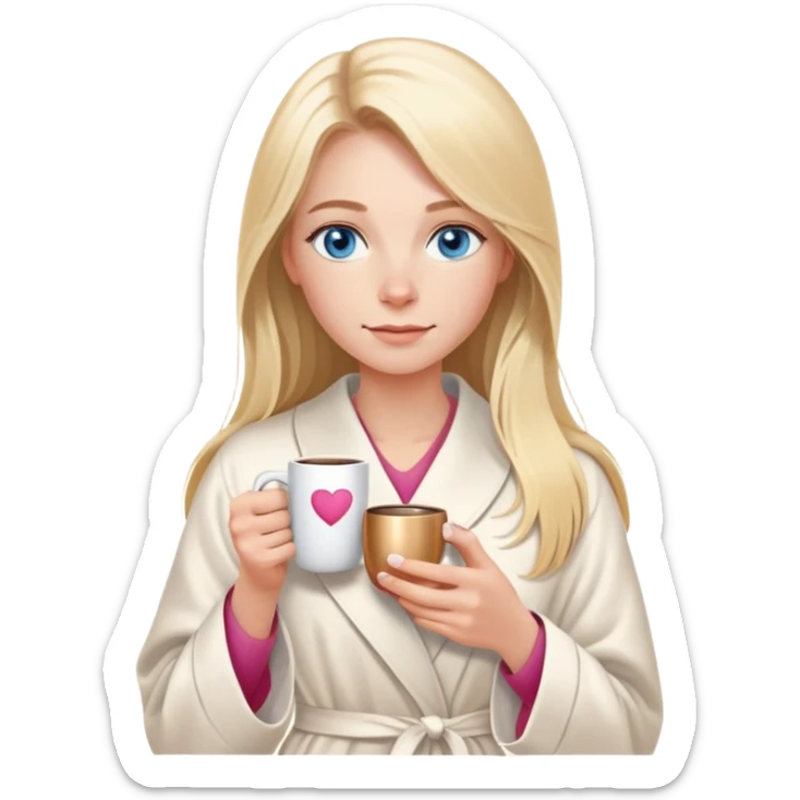 girl
blue eyes
long blond hair
wearing housecoat
holding a white mug of coffee that says mom
wearing rose gold apple watch  sticker