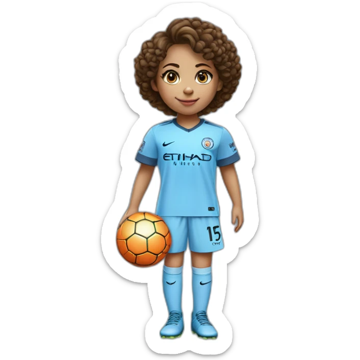 girl with short curly brown hair and eyes wearing Manchester City football shirt, fluro orange soccer boots, number 15, standing with a soccer ball sticker