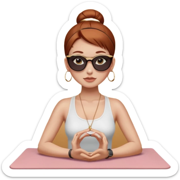 Clean girl influencer character, chest-up portrait.Sleek tight bun hair color (auburn .Natural glossy makeup, soft blush, shiny lips.chest up portrait , small gold hoop earrings, delicate gold necklace.Black sunglasses on head.Rolled yoga mat hanging over her shoulder. sticker