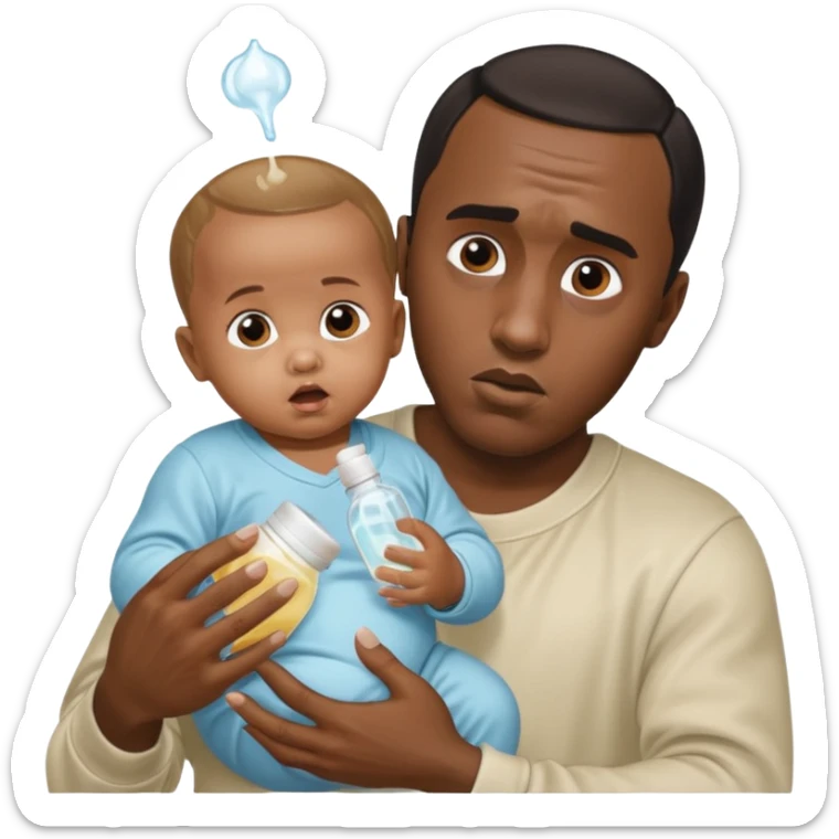 Sean “Diddy” Combs with baby oil and a very small infant and he’s pouring the baby oil on the baby and they have a scared face they’re really scared sticker